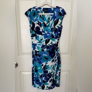 Ralph Lauren Blue and White Ruched Wrap Midi Dress